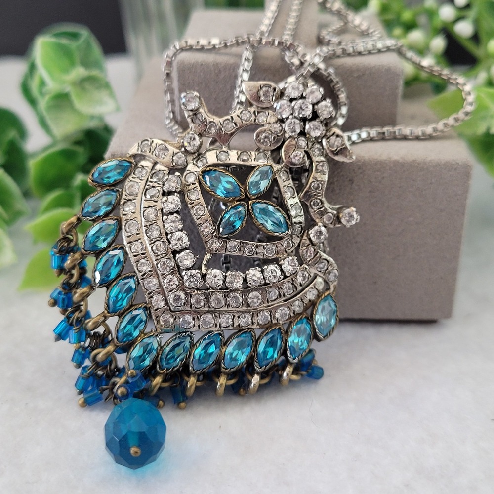 Blue Rhinestone Bib Necklace Statement Fringe 16 Inch Silver Tone